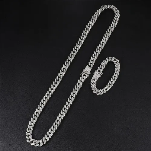 Necklace Bracelet 1Set Full Iced Out Paved Rhinestones 13MM Gold Silver Miami Curb Cuban Chain CZ Bling Rapper Necklaces For Men Hip Hop Jewelry - Окраска металла: Necklace Bracelet