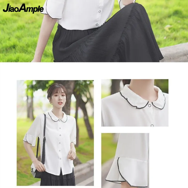 

2021 New Summer Chiffon Shirt Women's Fashion Clothes White Shirts Literary Retro Doll Collar Short-Sleeved Top Casual Blouse