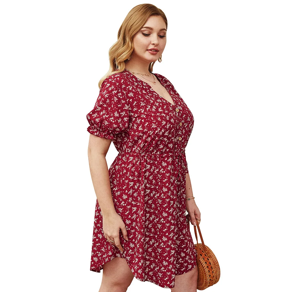 

WANYUCL plus size women's 2021 summer short-sleeved sexy dress C-neck high-waist floral dress women
