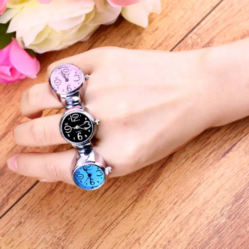 Креативные модные стальные круглые эластичные кварцевые часы с кольцом на палец