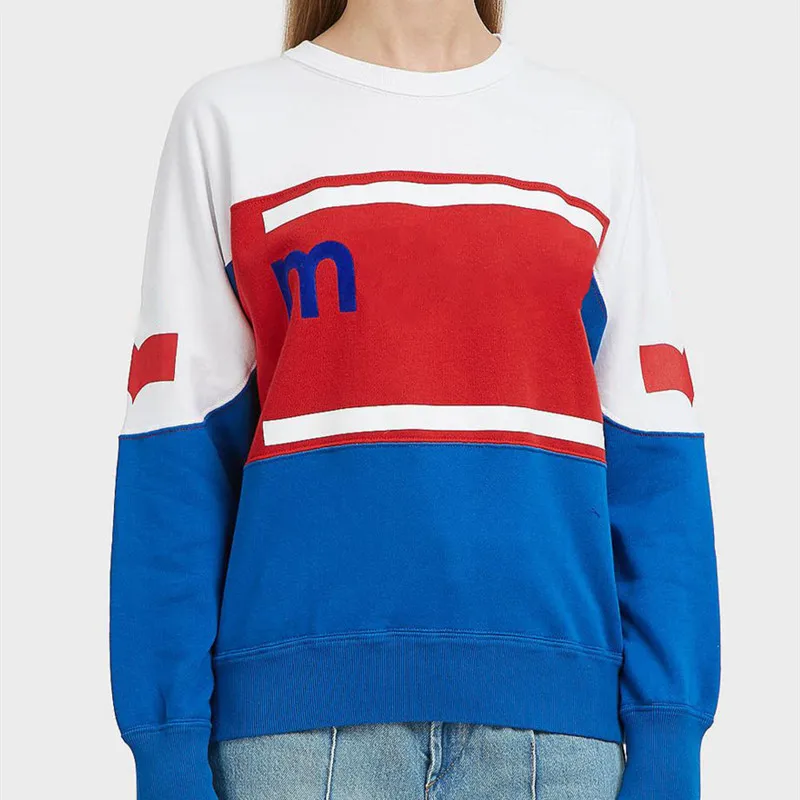 

New Women Spring Autumn Hit Color Spliced Fashion Loose Flocking Print Cotton Top Female High Street Brand Slim Pullovers ML091
