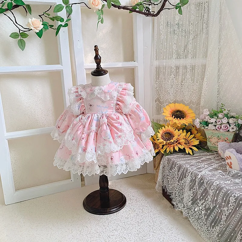 

Baby Girls Dress Spanish Pink Floral Long Sleeve Lolita Vintage Ball Gowns Dress Wedding Birthday Party Baptism Girl Lace Dresse