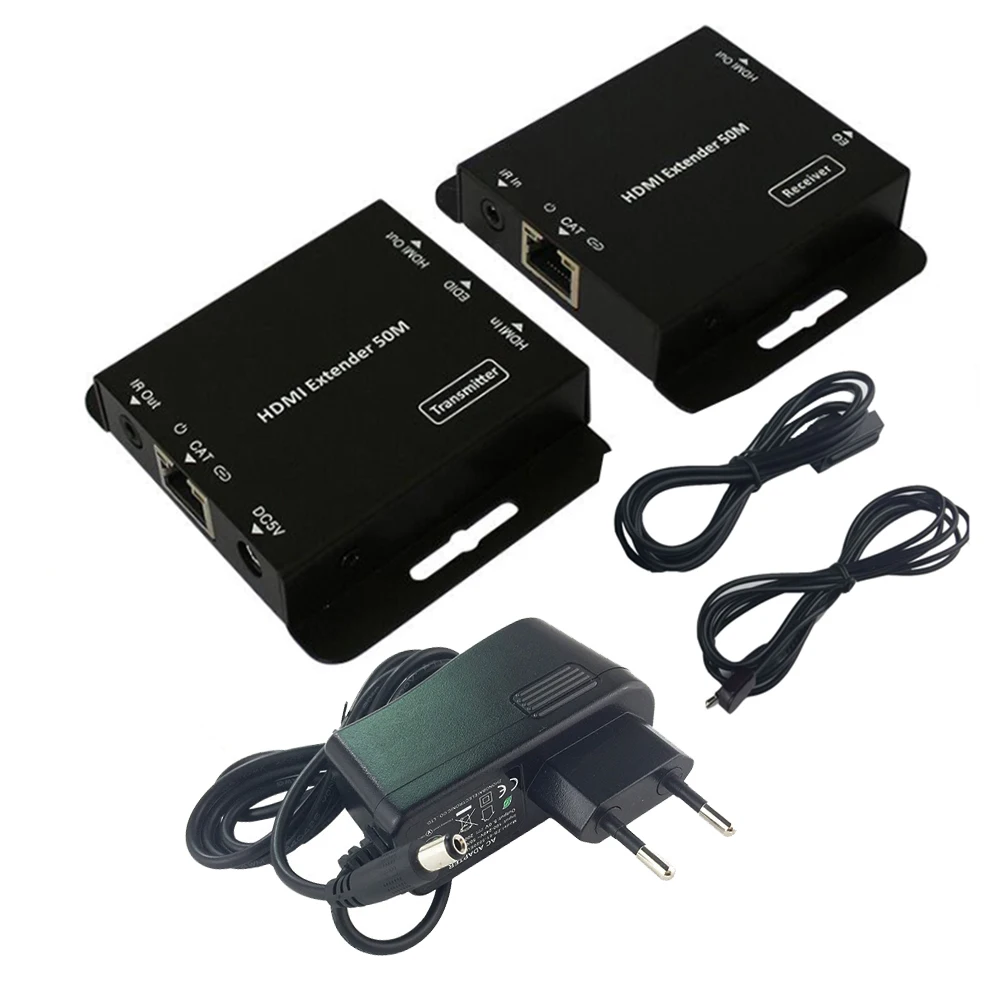 Двухпортовый HDMI расширитель сплиттер с ИК POE(HDMI ethernet порт+ HDMI петля) до 50 м с адаптером питания