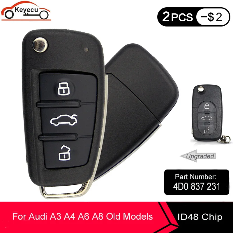 KEYECU Upgraded Flip Remote Car Key Fob 433MHz ID48 Chip for Audi TT RS4 A3 A4 A6 A8 P/N: 4D0837231A / 4D0837231N