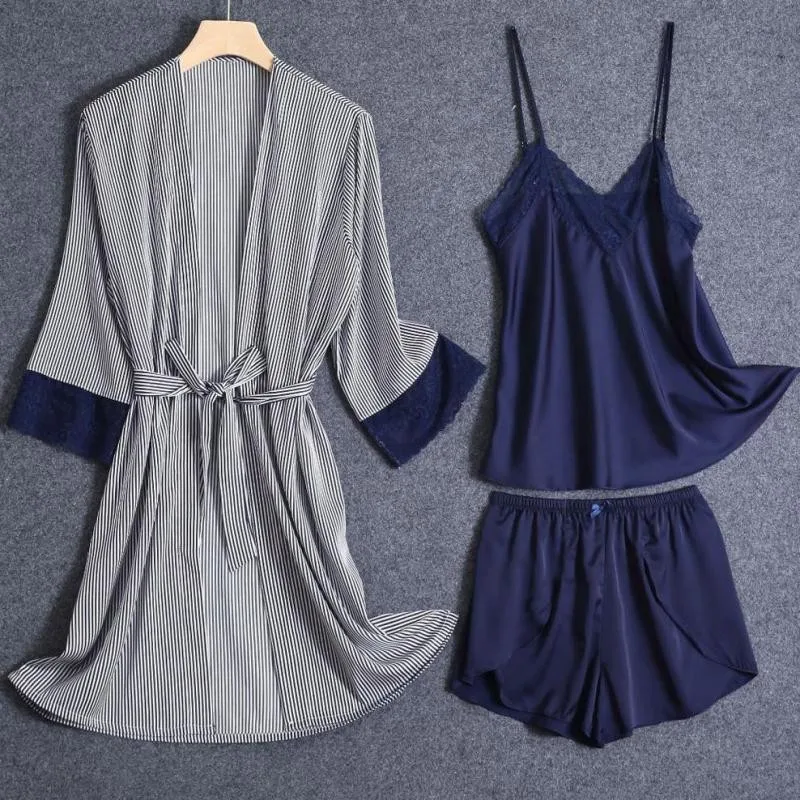 

Women Satin Faux Silk 3PCS Sleep Sets Pyjamas V-Neck Lace Trim Home Clothing Stripe 3PCS Pajamas Suit Summer Kimono Robe Gown