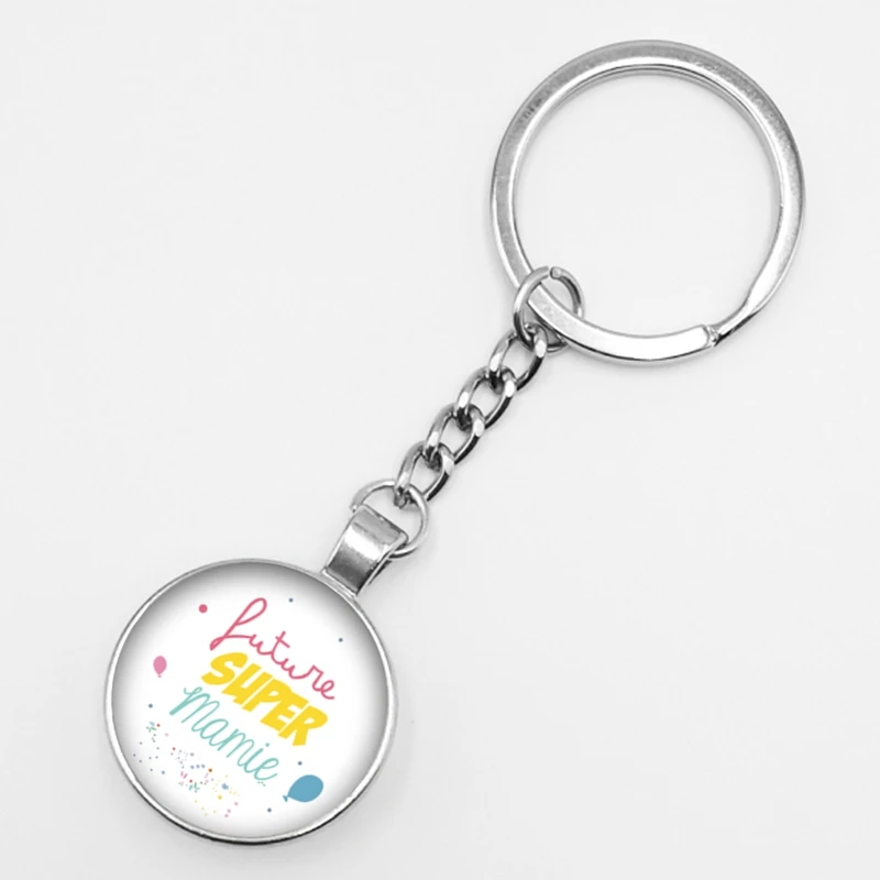 

Hot! New Hot Super Mamie Round Pattern Glass Keyring Cabochon Gem Super Papy Dome Charm Cameo Car Keychain Pendant