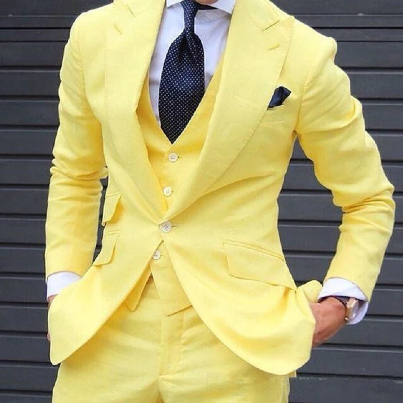 Yellow Slim Fit Prom Suits for Men 3 Piece Set Jacket with Pants Vest Latest Coat Casual Design Male Fashion Smoking Clothes | Мужская