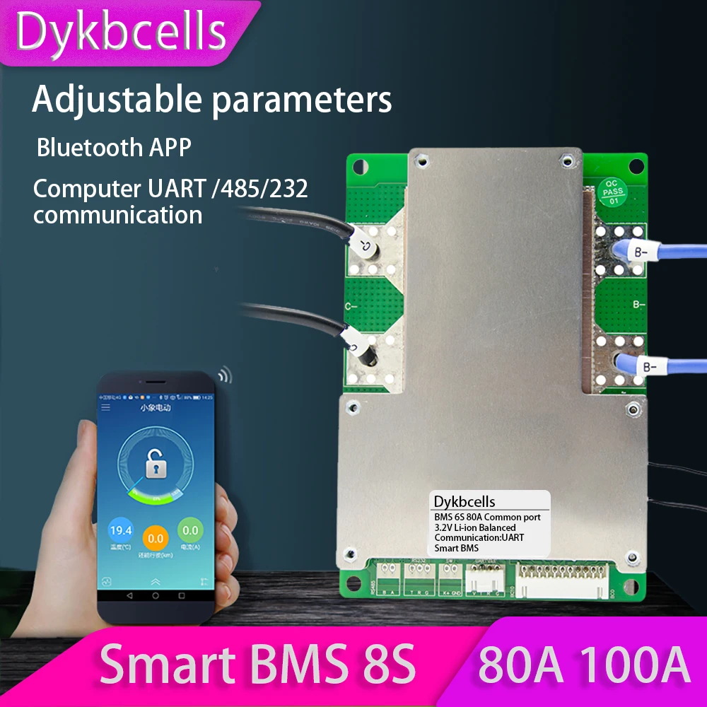 

Dykbcells Smart BMS 8S 80A 100A lifepo4 Lithium Battery Protection Board W balance 24V Bluetooth APP Display control monitor