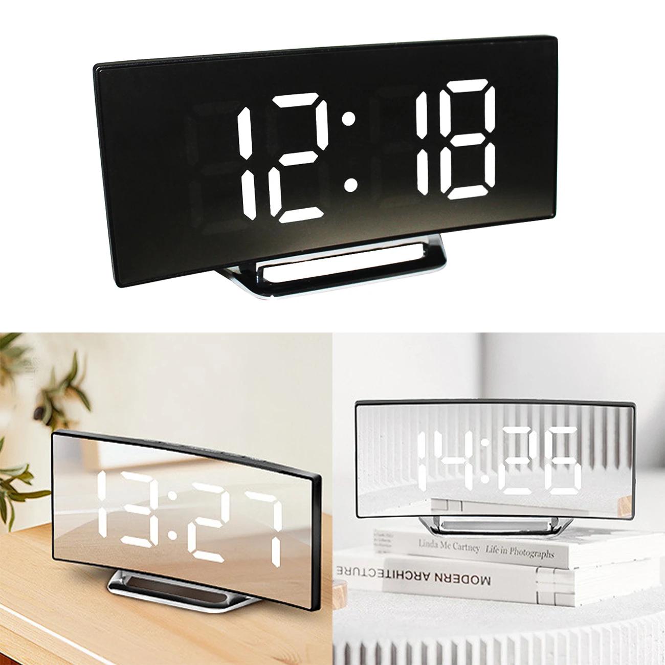 

Digital Alarm Clock Mirror Clock Curved Dimmable Led Electronic Digital Desktop Clock For Kids Bedroom Living Room Home Decor