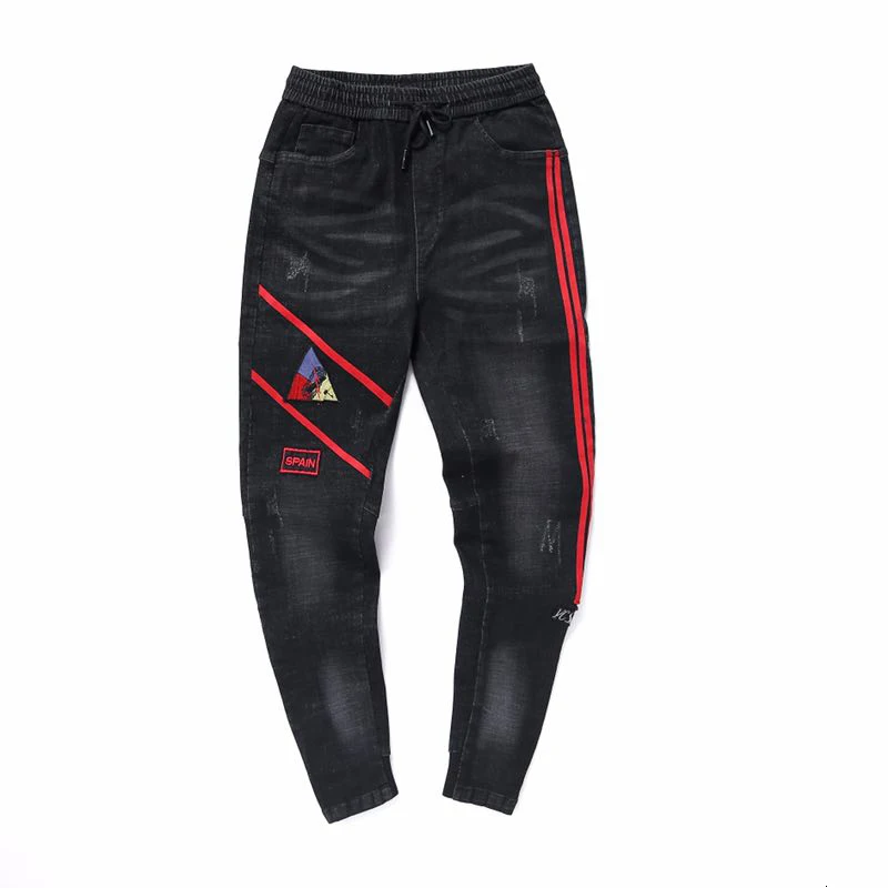 

SOUL OF TIGER 2019 Fashion Korean Men Ripped Vintage Jeans Vintage Embroidery Denim Trousers Loose Striped Harem Pants Plus Size