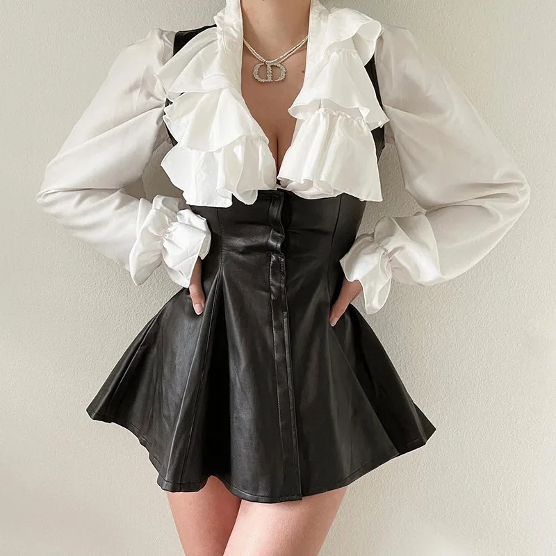 

Sexy Synthetic Leather Bodycon Dress Women Fashion Black Dresses Streetwear Solid Square Neck Summer Women Clothes