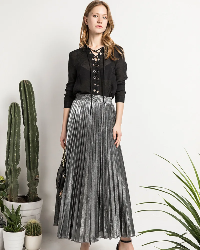 

Women's High Waist Pleated Solid Color Length Elastic Skirt Lady Gold Sliver Party Casual Skirts Large Size Holiday Skirt