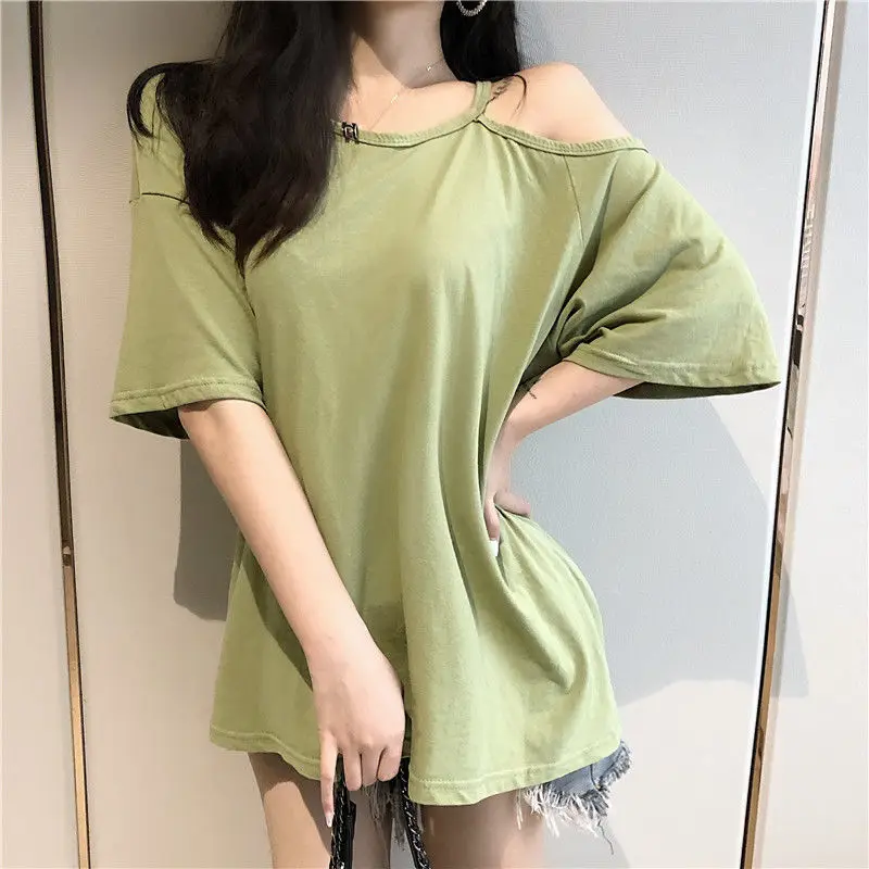 

Open Cool Shoulder Oversized Solid T Shirt Korean Fashion Sexy Short Sleeve Women Top Summer Loose Tunic Harajuku Girls 2022 New
