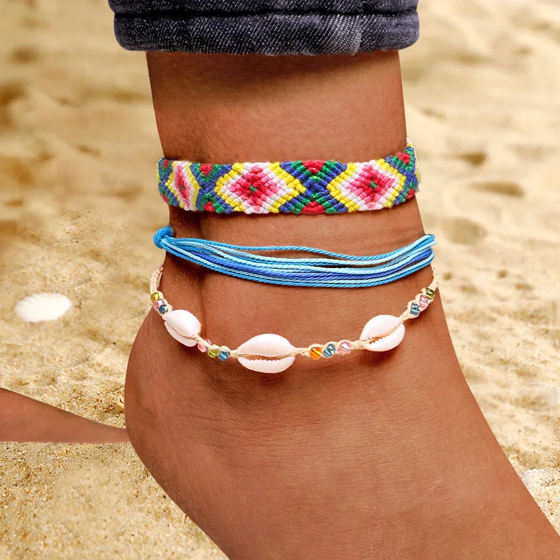 

3pcs/set Bohemian Colorful Woven Anklets Set Beach Shell Charm Waterproof Wax Rope for Women Girls Leg Bracelet Foot Jewelry