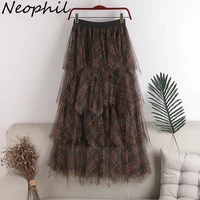 neophil england preppy style plaid mesh long skirts wave cut ball gown faldas larga 2022 spring summer puffy tulle skirt s220104