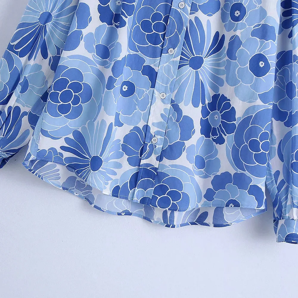 

XEASY 2021 Bohemia Loose Blue Floral Print Summer Shirt Women Vintage Long Sleeve Casual High Waist Pants Shorts Set