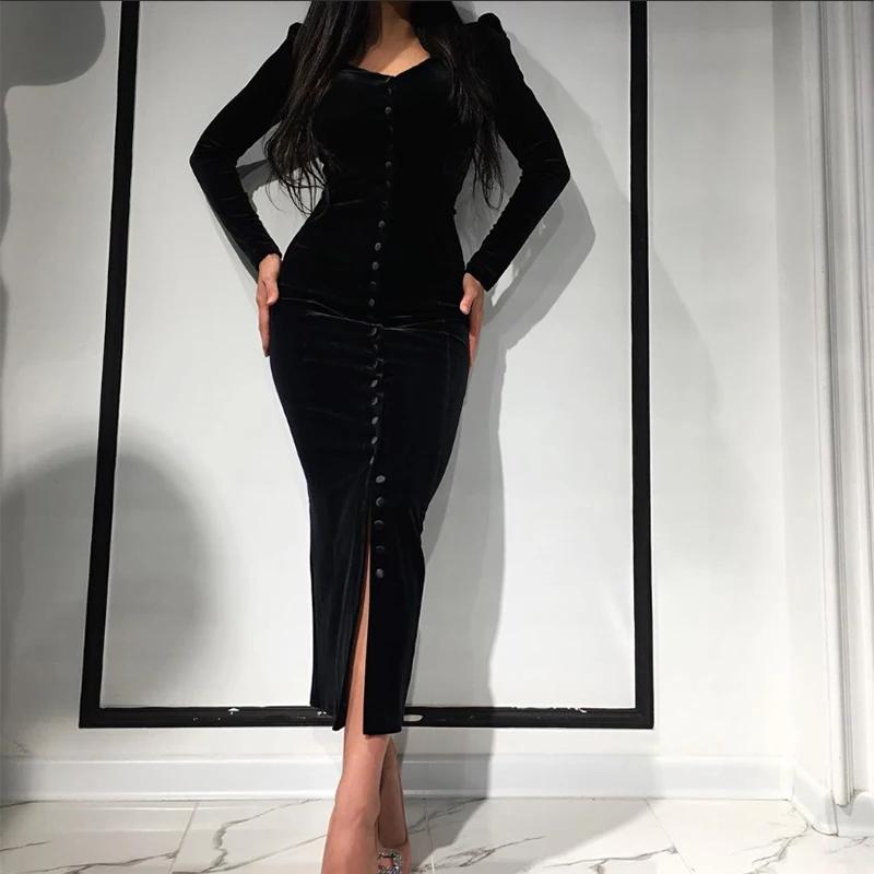 

Fashion Midi Calf Dress For Women Square Collar Long Sleeve Button Elegant Sexy Casual Split Fashion Black Dress 2021 New