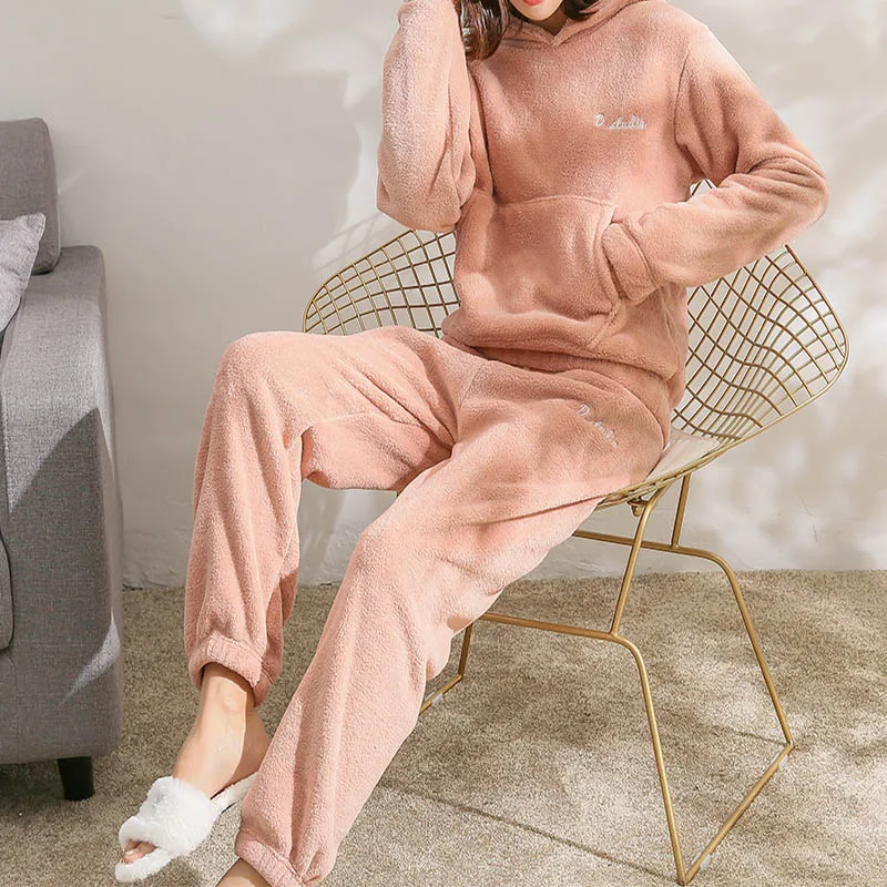 

Women Pajamas Set Winter Warm Flannel Pajamas Homewear Thick Female Sleepwear Plush Pyjamas Suit Sweatshirt Hoodies Solid Color