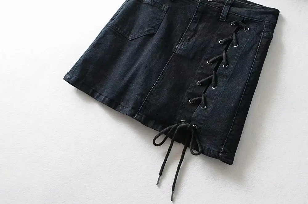 

high waist Black Denim Skirts slimming side crossing A-line Jean Skirt matching Design skirt