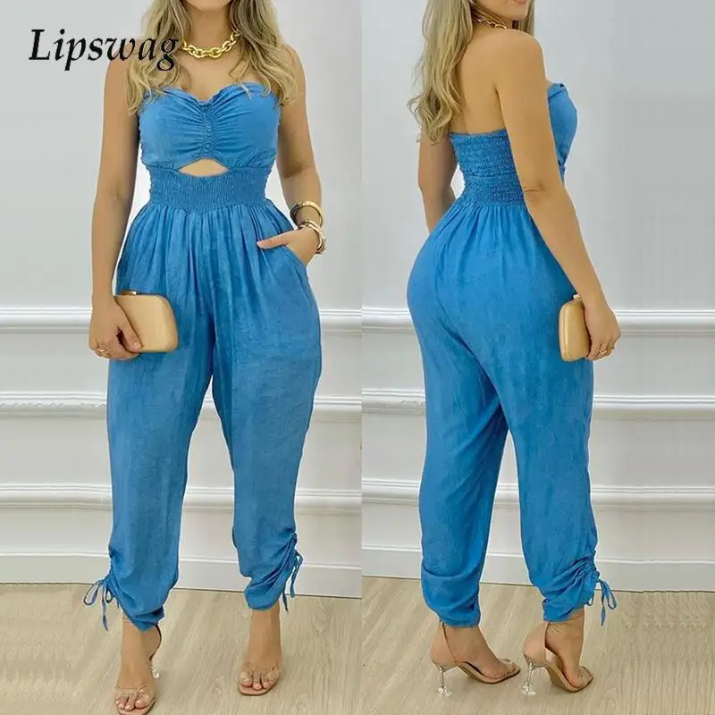 

Elegant Strapless Elastic Wrap Rompers Overalls Sexy Backless Hollow Out Jumpsuits Lady Casual Drawstring Pants Women Playsuits