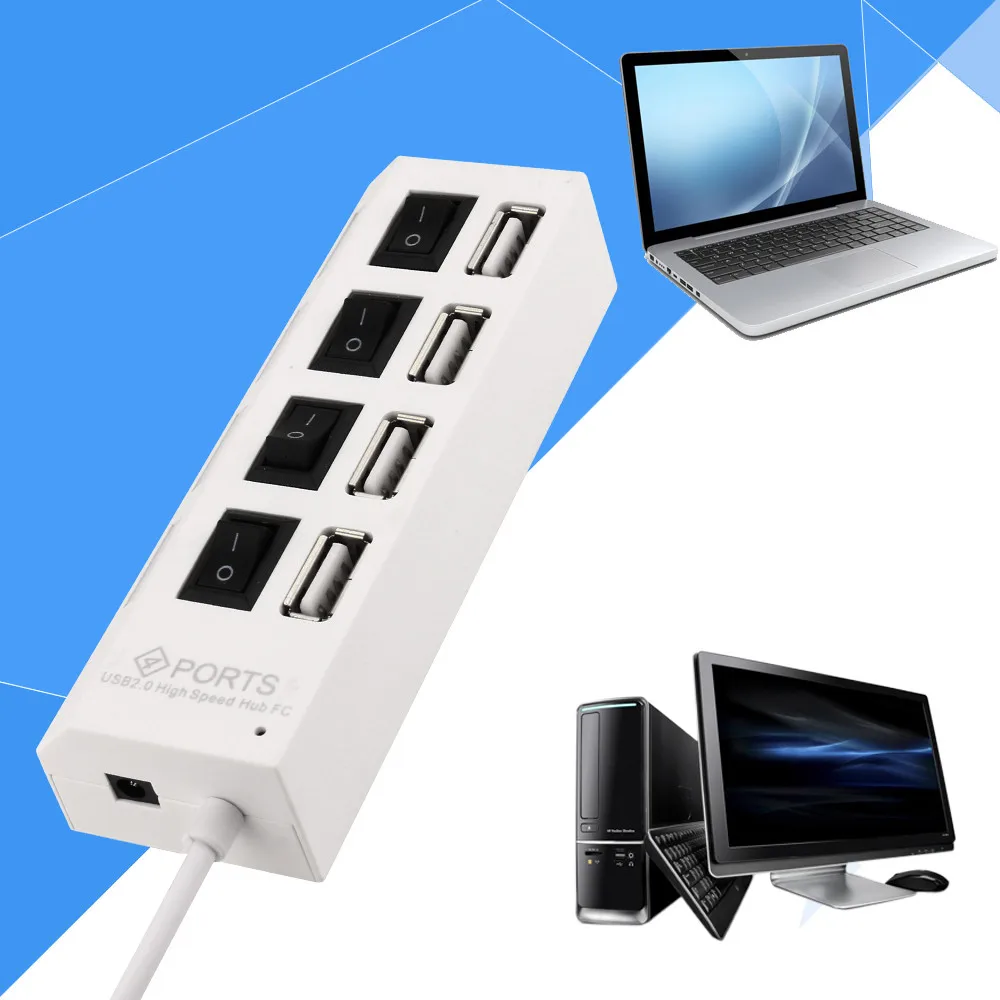 

New 4 port High Speed USB 2.0 HUB With On/Off Switches + DC Power Adapter Cable For PC Laptop High Quality Hot Sale Dropshiping