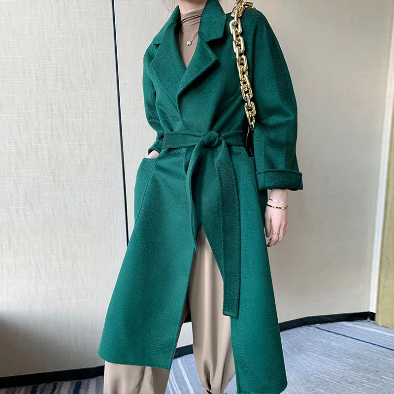 

Luxury high-end water ripple double-sided cashmere coat women's mid-length knee-length temperament is tied with wool coat