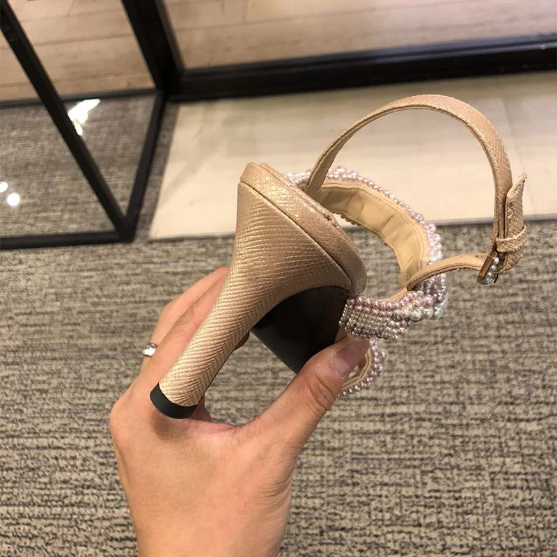 

Prowow Brand Summer Shoes Women Sweet Elegant Pearl Beaded High-heeled Shoes Thin Heels Pointed Toe 8CM Women Sandals