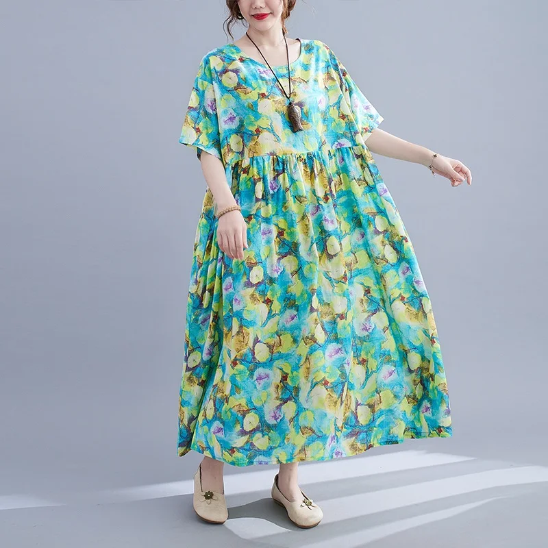 

short sleeve plus size cotton vintage floral dresses for women casual loose long woman summer dress elegant clothes 2021