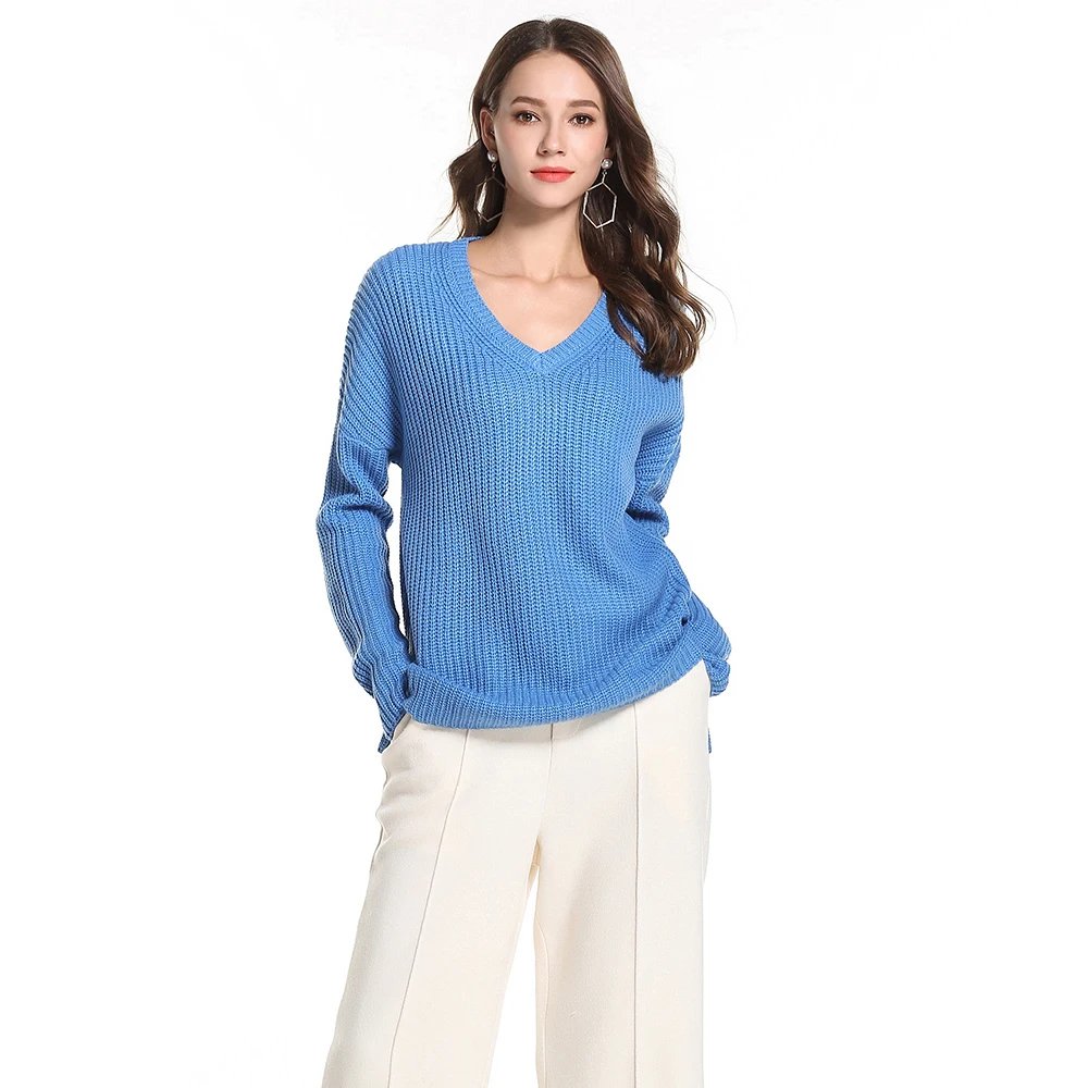 

Autumn Woman V Neck Female Solid Loose Sweater Knitted Pullover Oversize Plus Size Jumpers Ladies Knitwear Casual Black Sweater