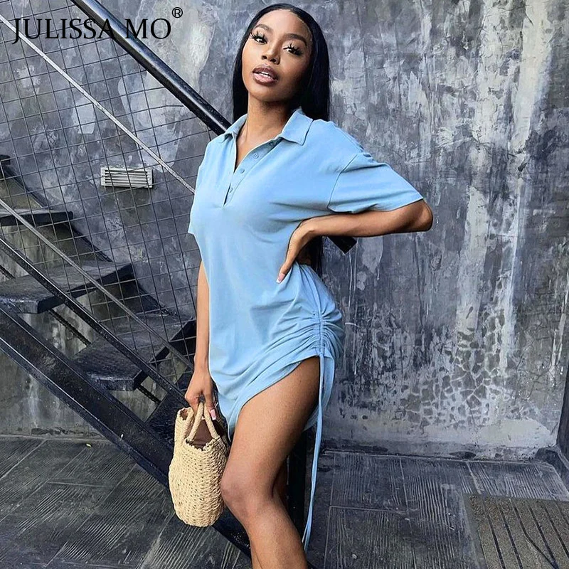 

Женское свободное мини-платье JULISSA MO, с коротким рукавом и воротником-поло, голубое повседневное платье с кулиской, 2021