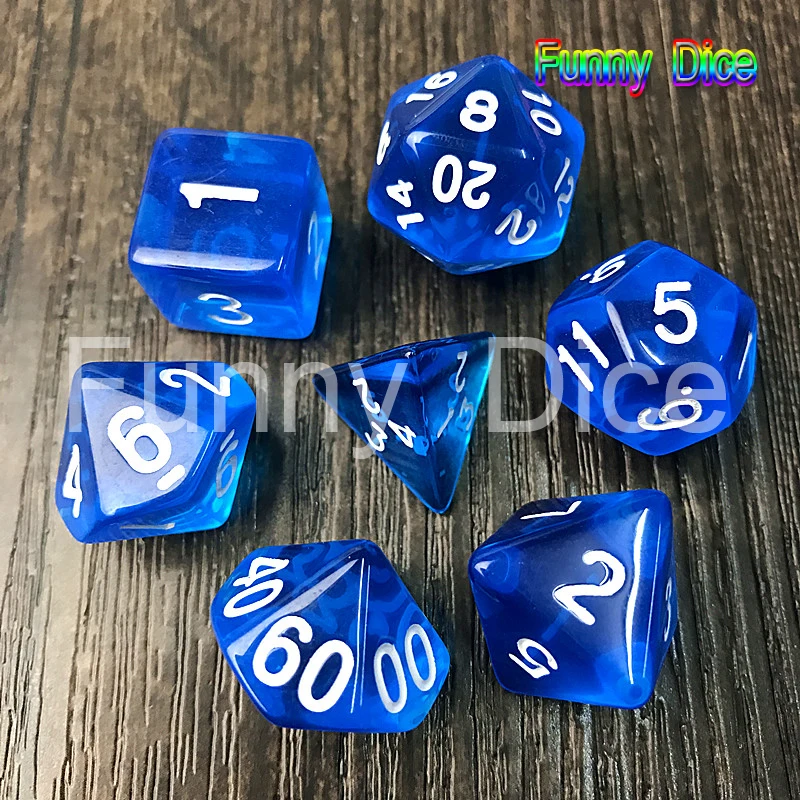 Синий 7 шт./компл. прозрачные Кристальные кости набор D4, d6, d8, d10, d10%, d12, d20 для Настольная игра ролевые игры в кости, красный - Цвет: Синий