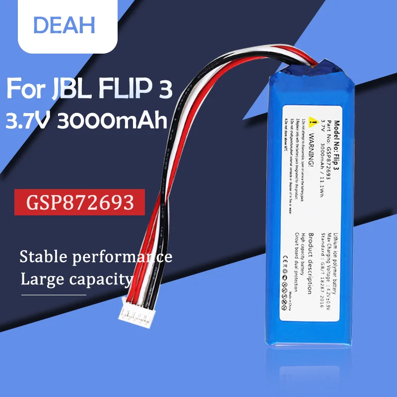 

3.7V 3000mAh/11.1Wh GSP872693 P763098 03 Rechargeable Lithium Polymer Battery For JBL Flip3 Flip 3 Wireless bluetooth speaker