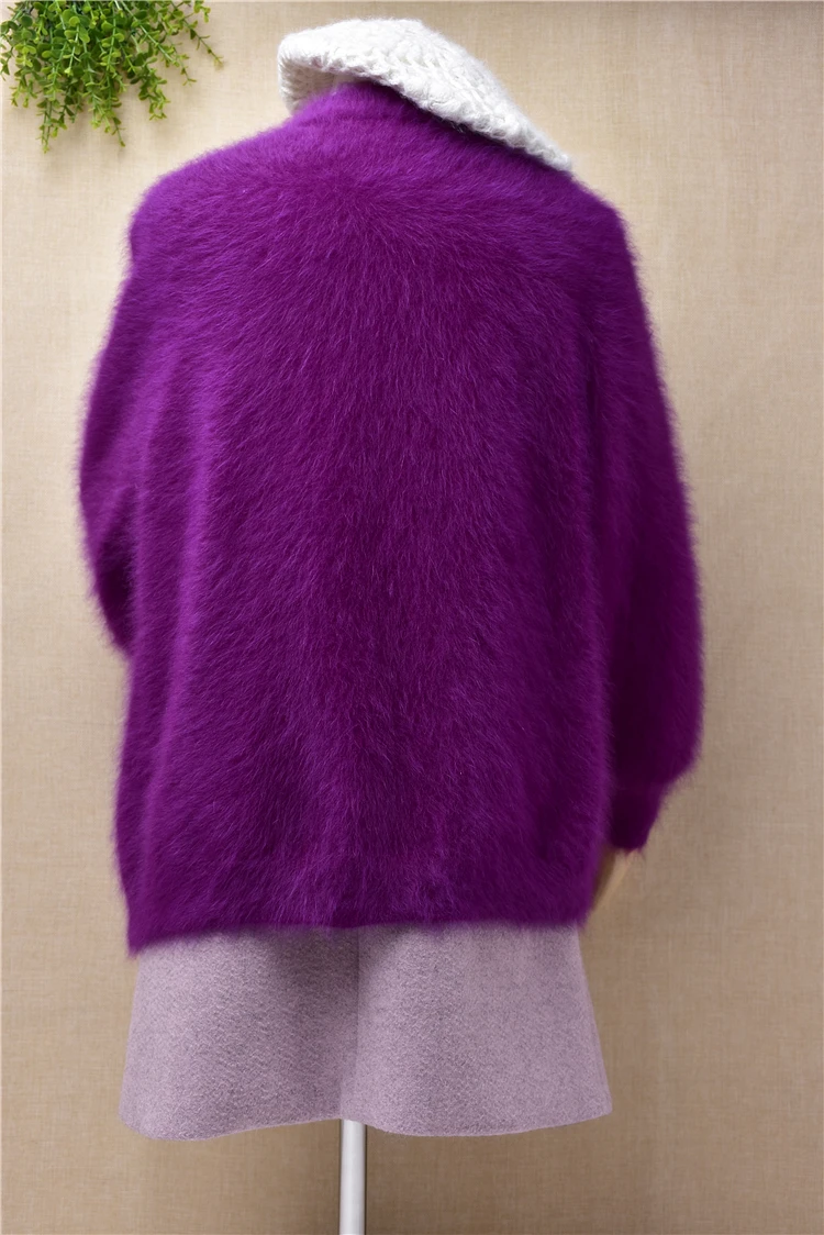 

top quality hairy fuzzy purple women female angora rabbit fur knitted loose cardigans mink cashmere jacket coat sweater winter
