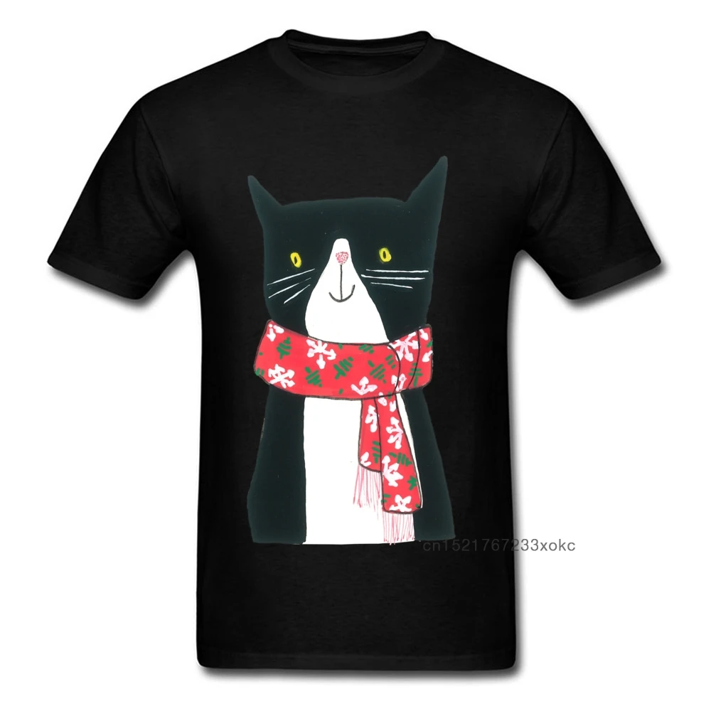 Одежда с котом и шарфом Мужская футболка подарок зимняя черная милый мультяшный