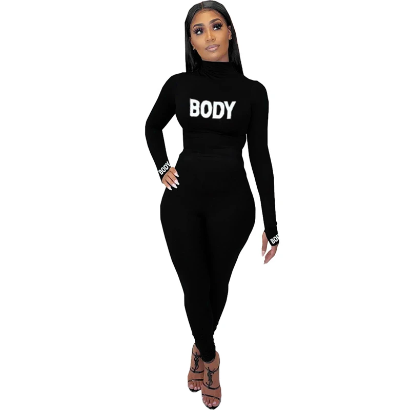 Adogirl Body Letter Print Women Casual Jumpsuit Turtleneck Long Sleeve Skinny Romper Female Tracksuit Fashion Clothing Overalls