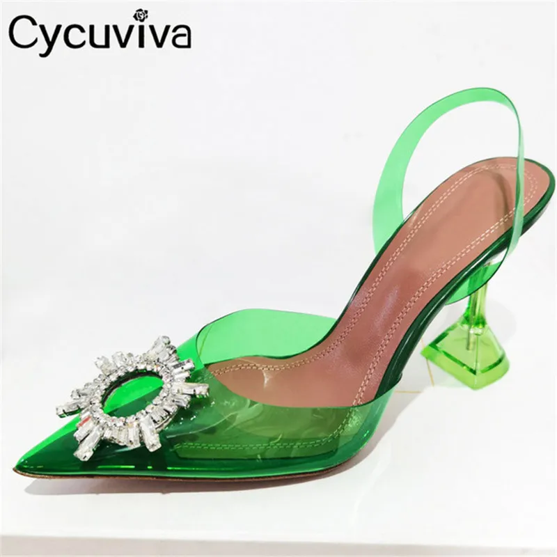 

Green PVC Crystal Women Sandals Strange Heels Pumps Women Slingback Mules Point Toe Bride Wedding Shoes Gladiator Sandals 2021