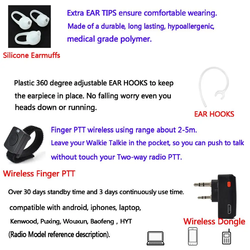 

HYS Wireless Bluetooth Walkie Talkie Earpiece 2 Pin in-Ear Headset For Baofeng UV5R/Plus UV-82 Kenwood Two Way Radio