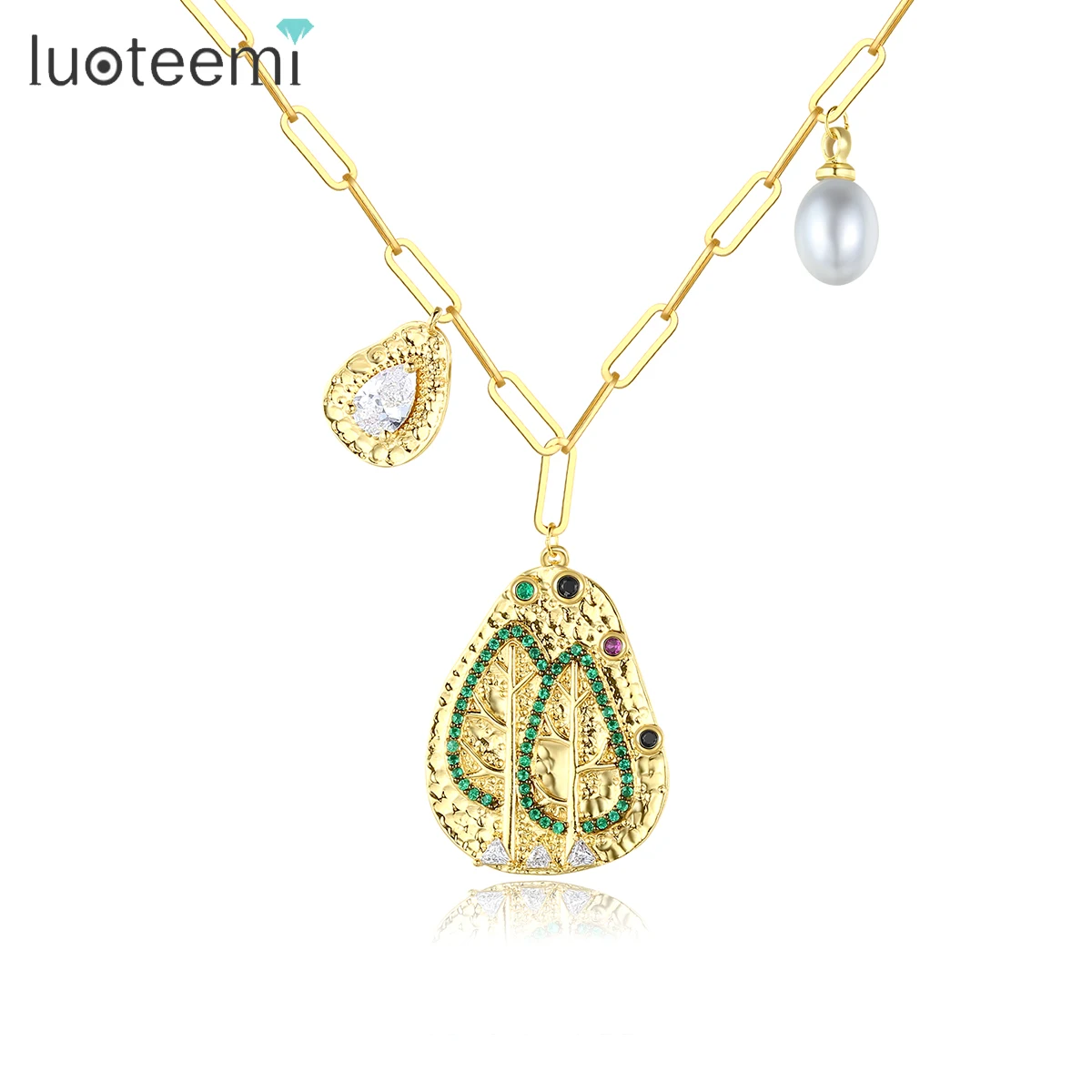 Ожерелье с кулоном LUOTEEMI на длинной цепочке с двумя подвесками на искусственном свежем жемчуге для женщин ожерелья с цветным камнем
