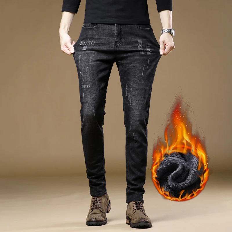 

Зимние удобные теплые плотные мужские облегающие джинсы из флиса, Классическая брендовая одежда, модные Стрейчевые трендовые мужские джин...