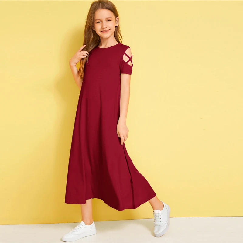 SHEIN/однотонное Повседневное платье с открытыми плечами и перекрещивающимися крест-накрест для детей; коллекция года; летние эластичные детские футболки с короткими рукавами