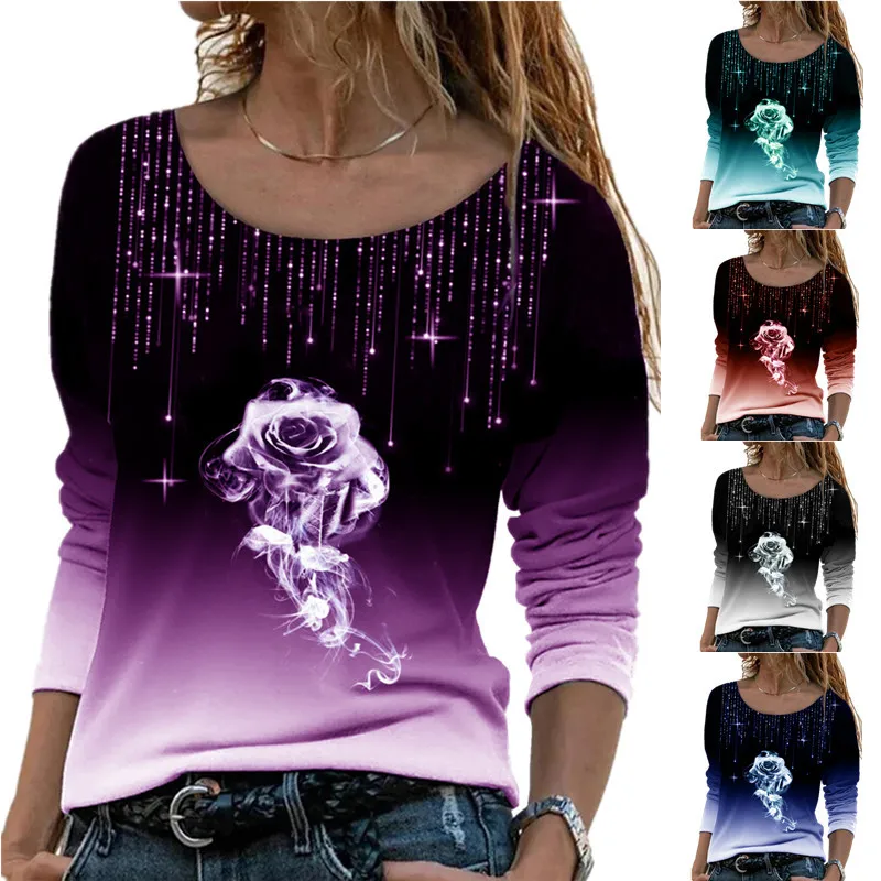 

2022 Womens Loose Pullovers Long Tops Harajuku Graphic O Neck T Shirt Casual Fashion Print Shirts Long Sleeve Sweatshirt S-5XL