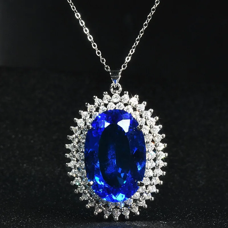 

Fine Jewelry Luxury Blue Crystal Stone Oval Pendant Necklace Women's Wedding Engagement Charm Choker Fashion Anniversary Gift