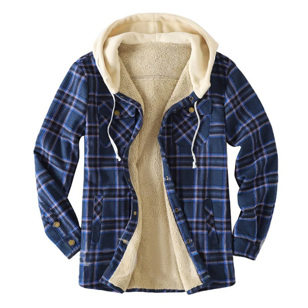 

Hooded Print Plaid Winter Men's Jacket Long Sleeve Plaid Shirt Jacket For Men Checked Jacket Coat Overcoat Hooded Pocket Jacket