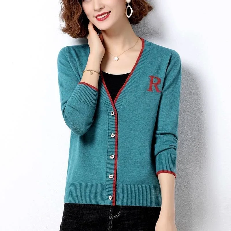

New Spring Letter Printted Knitted Coats For Women V-Neck Long Sleeve Elegant Sweaters Cardigan Loose Knitwear Cardigan Tops