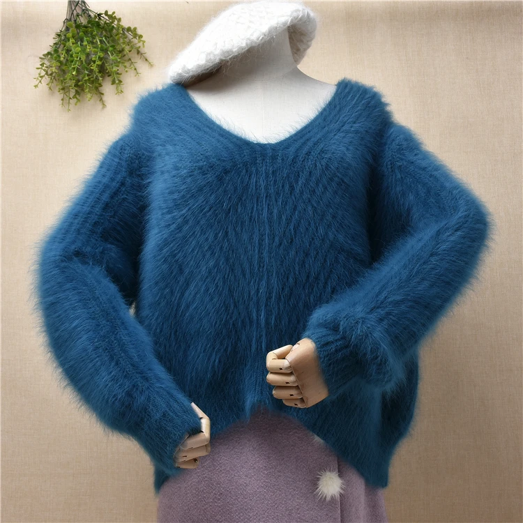 

lady women fashion winter thick warm plush mink cashmere knitted long sleeve lazy oaf loose v-neck pullover angora pull sweater