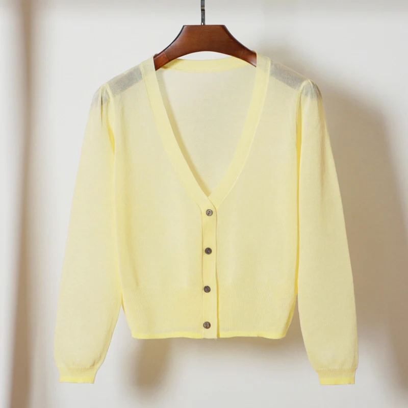 light yellow Queechalle 13 цветов для женщин короткий вязаный кардиган пальто V средства ухода за кожей Шеи с длинным рукавом Ice Шелковый Тонкий пальт - Цвет: light yellow