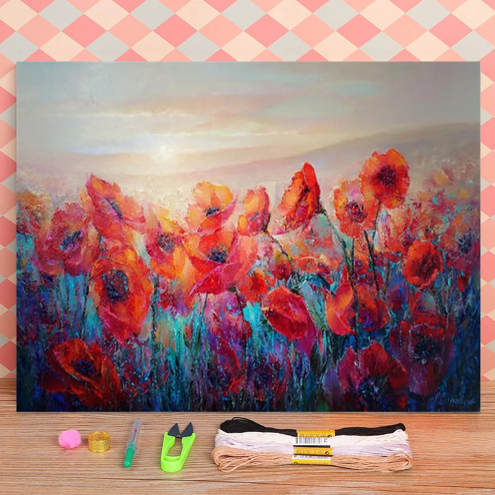 

Evening Poppies Printed Water-Soluble Canvas 11CT Cross Stitch Embroidery Kit DMC Threads Handmade Hobby Knitting Package