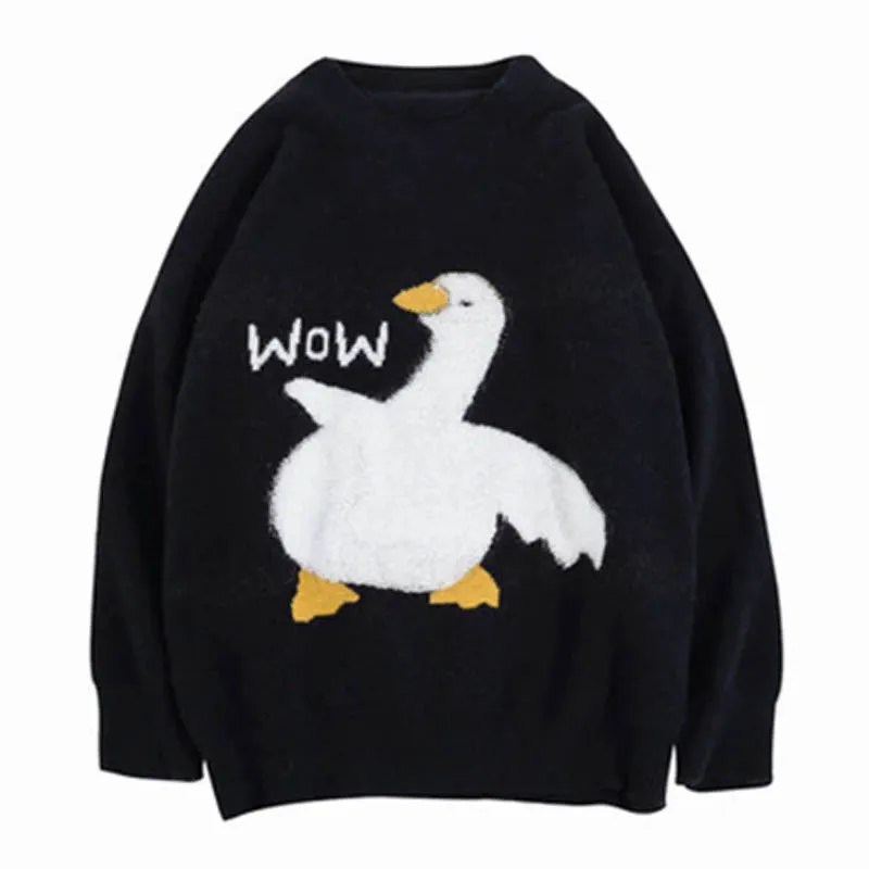 

Japanese Sweet Cartoon Goose Printed Knitted Sweater Plus Size Women Winter Korean Casual O Neck Pullover Oversize Couple Outfit