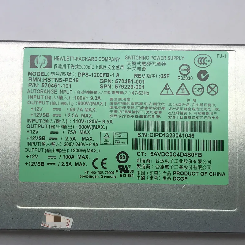 DPS-1200FB-1 A 1200W HSTNS-PD19 Platinum Power Supply 570451-001 570451-101 579229-001 Original For HP1200W DL580G7 server |