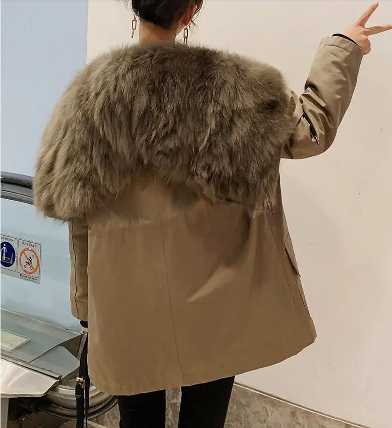 full khaki Зимние куртки, женское меховое пальто, натуральный Лисий мех, подкладка, капюшон, парка, средней длины, тонкая, утепленная верхняя одежда - Цвет: full khaki